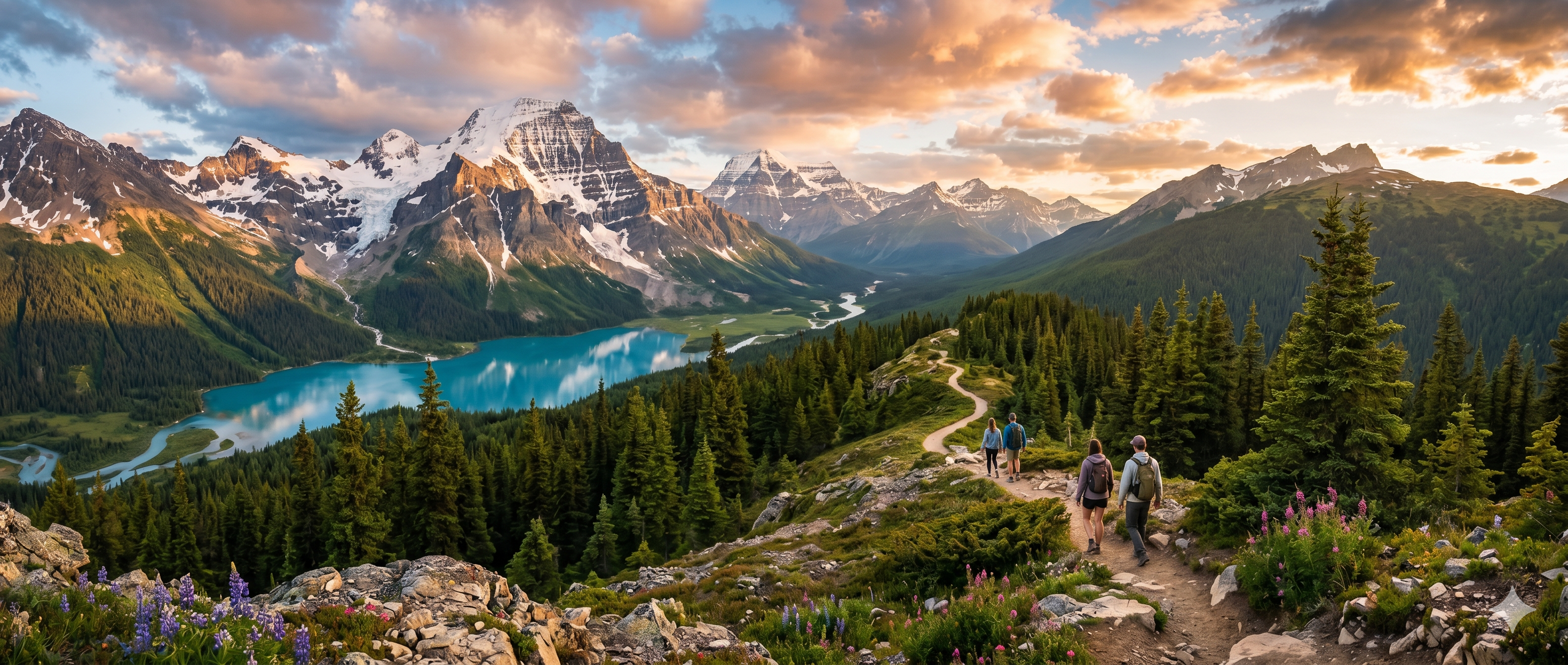 Mountain expedition with hikers on a high-altitude trail