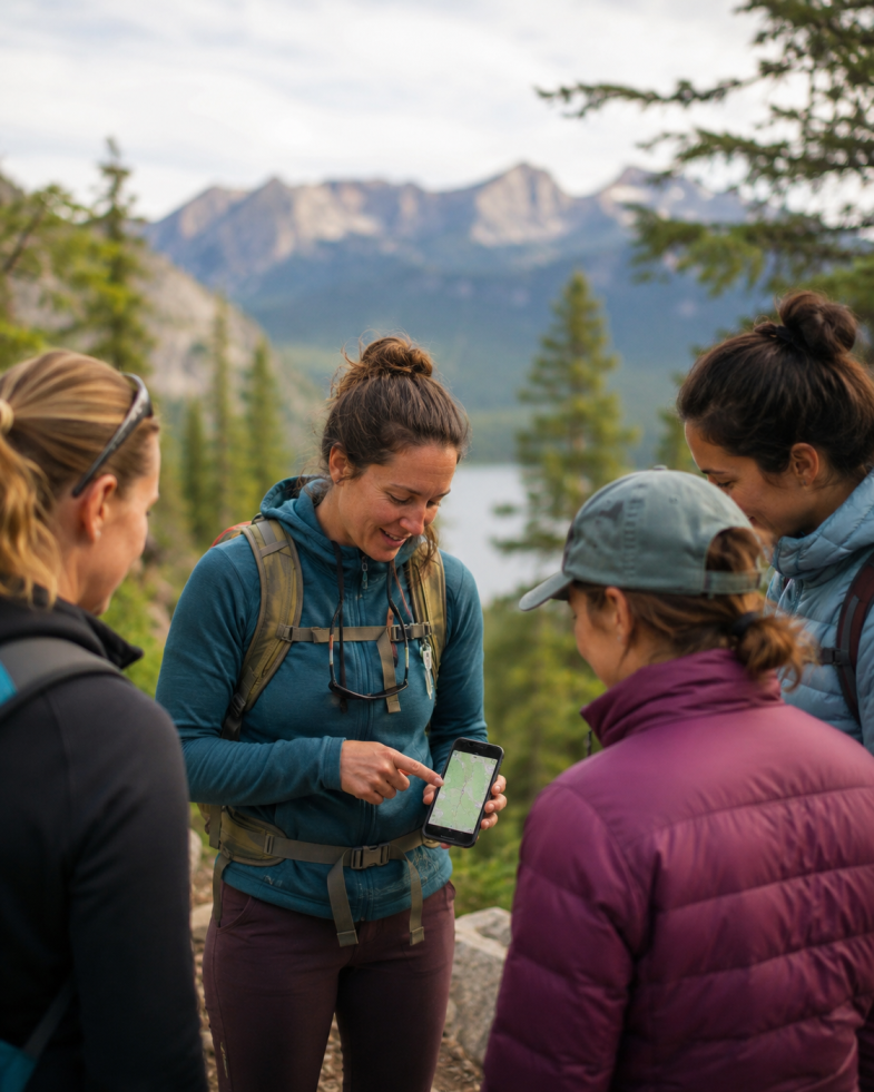 Hikers on a mountain trail at golden hour