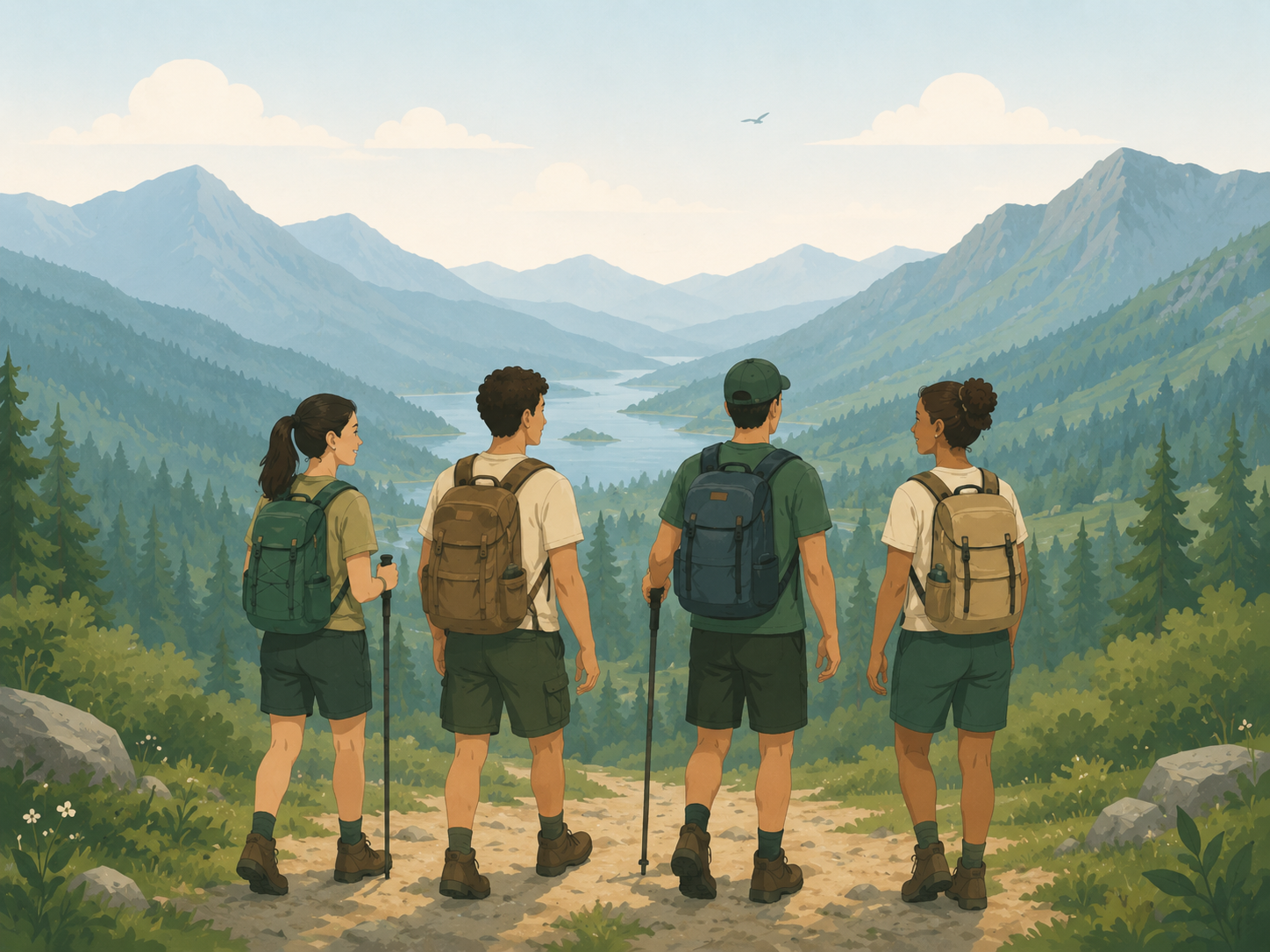 A group of hikers overlooking a valley and lake