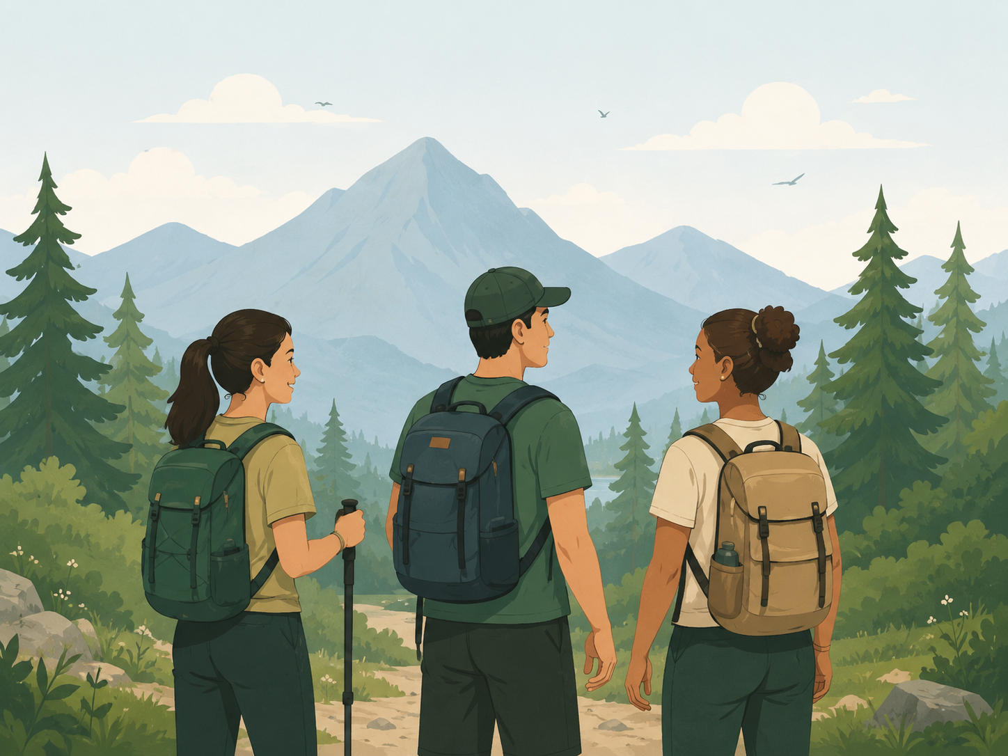 Three hikers with backpacks looking out at the mountains